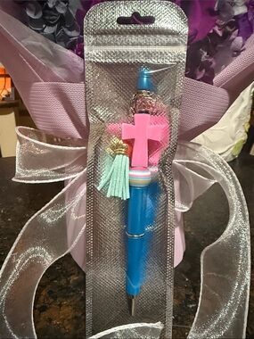 Hand Crafted Blue Pen with Pink Cross and Mint Tassel